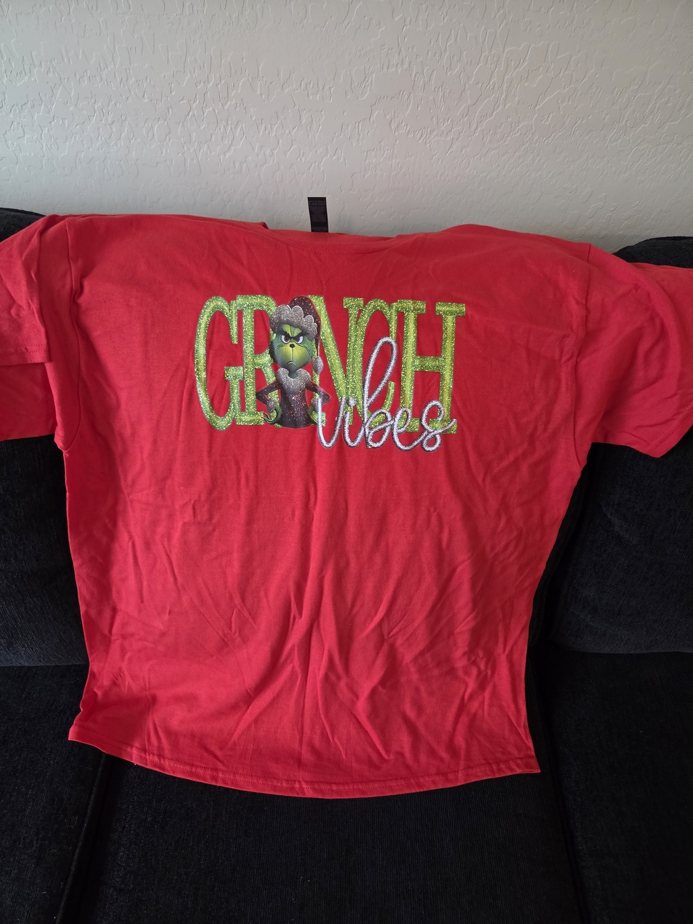 Gildan Red Tee with Glitter Green Grinch Graphic